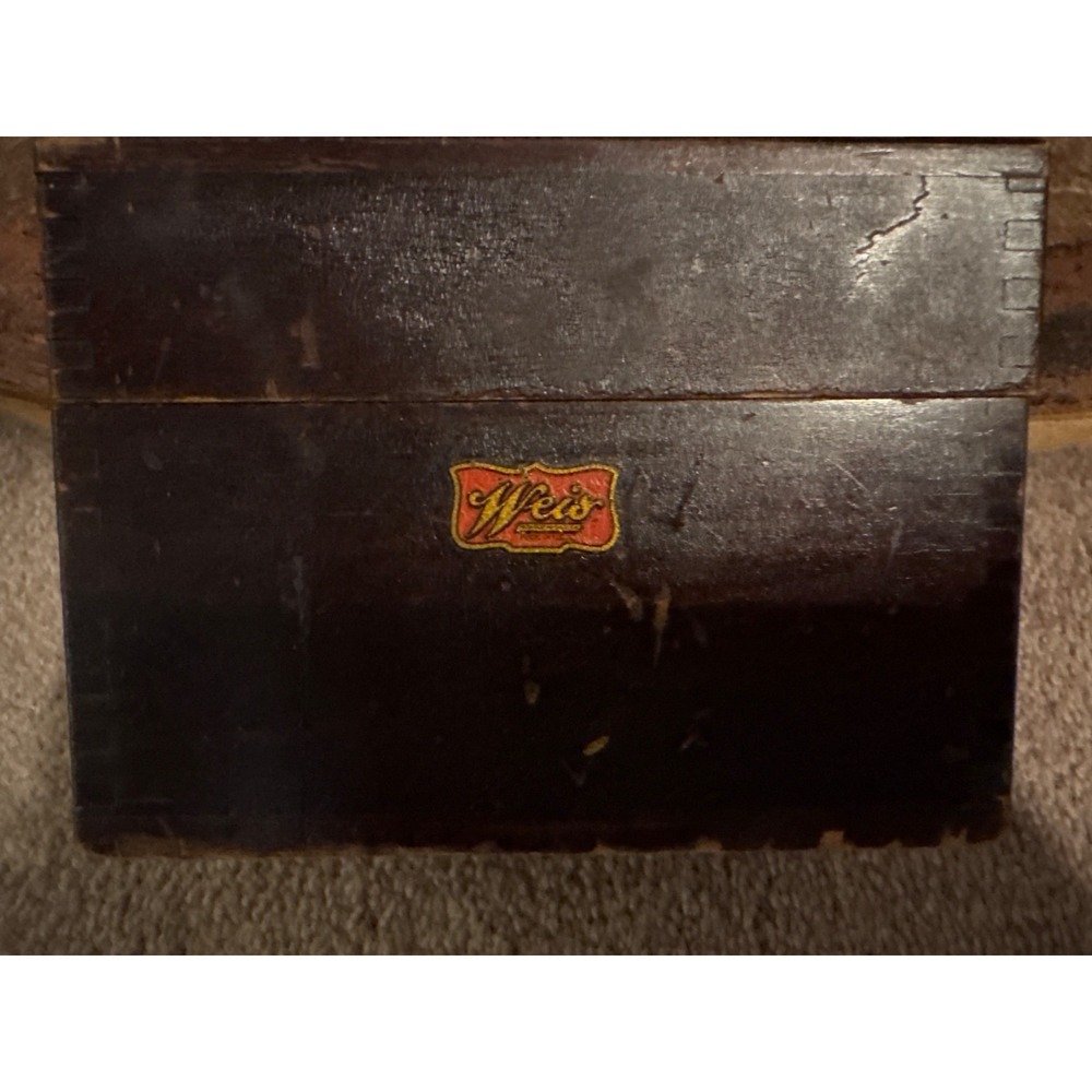 Vintage Weis Wooden Dovetailed Recipe Box, Brass Hinges, Monroe Michigan USA